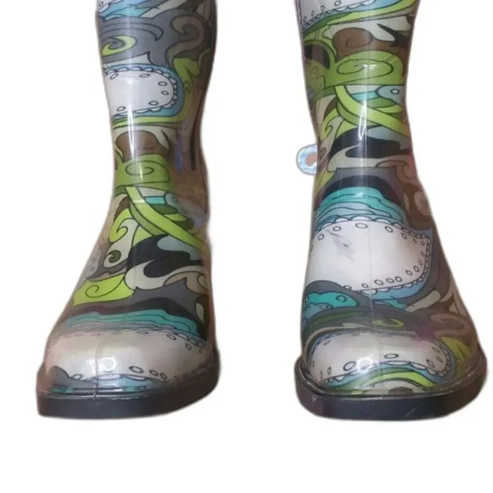 Dav Green and Blue Paisley Print Rain Boots Womens Size Large  8-9